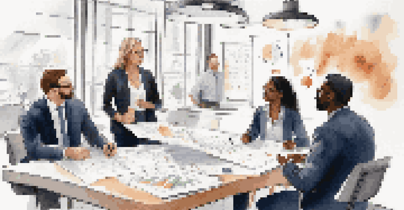 A diverse group of professionals discussing around a table in a modern office, showing teamwork and collaboration.