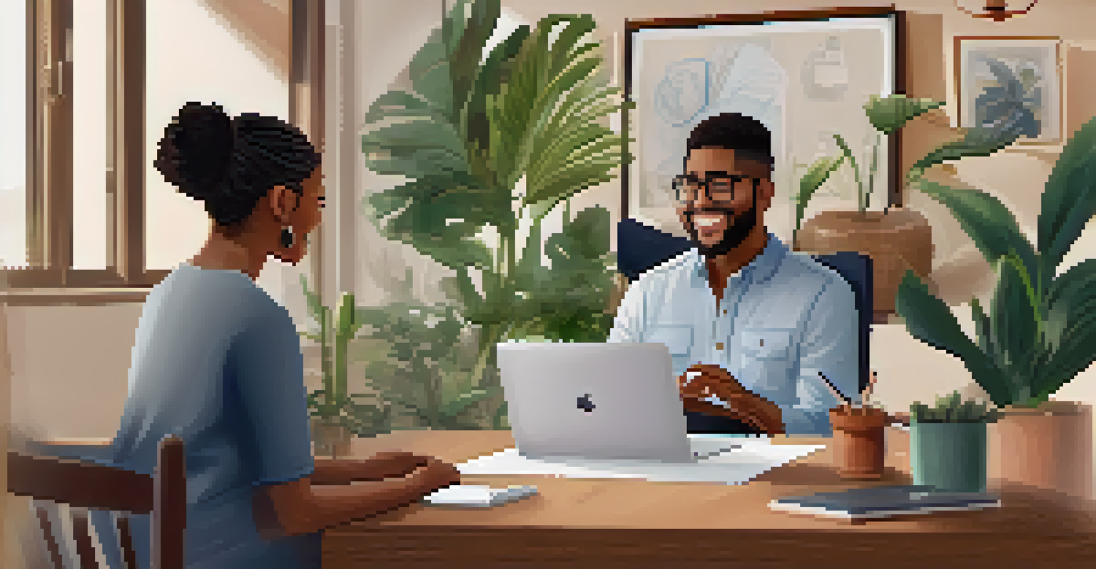 A laptop screen displaying a virtual mentorship session between a smiling mentor and an enthusiastic mentee in a cozy home office.