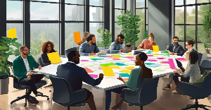A group of diverse professionals in a bright conference room collaborating on ideas with sticky notes and digital devices.