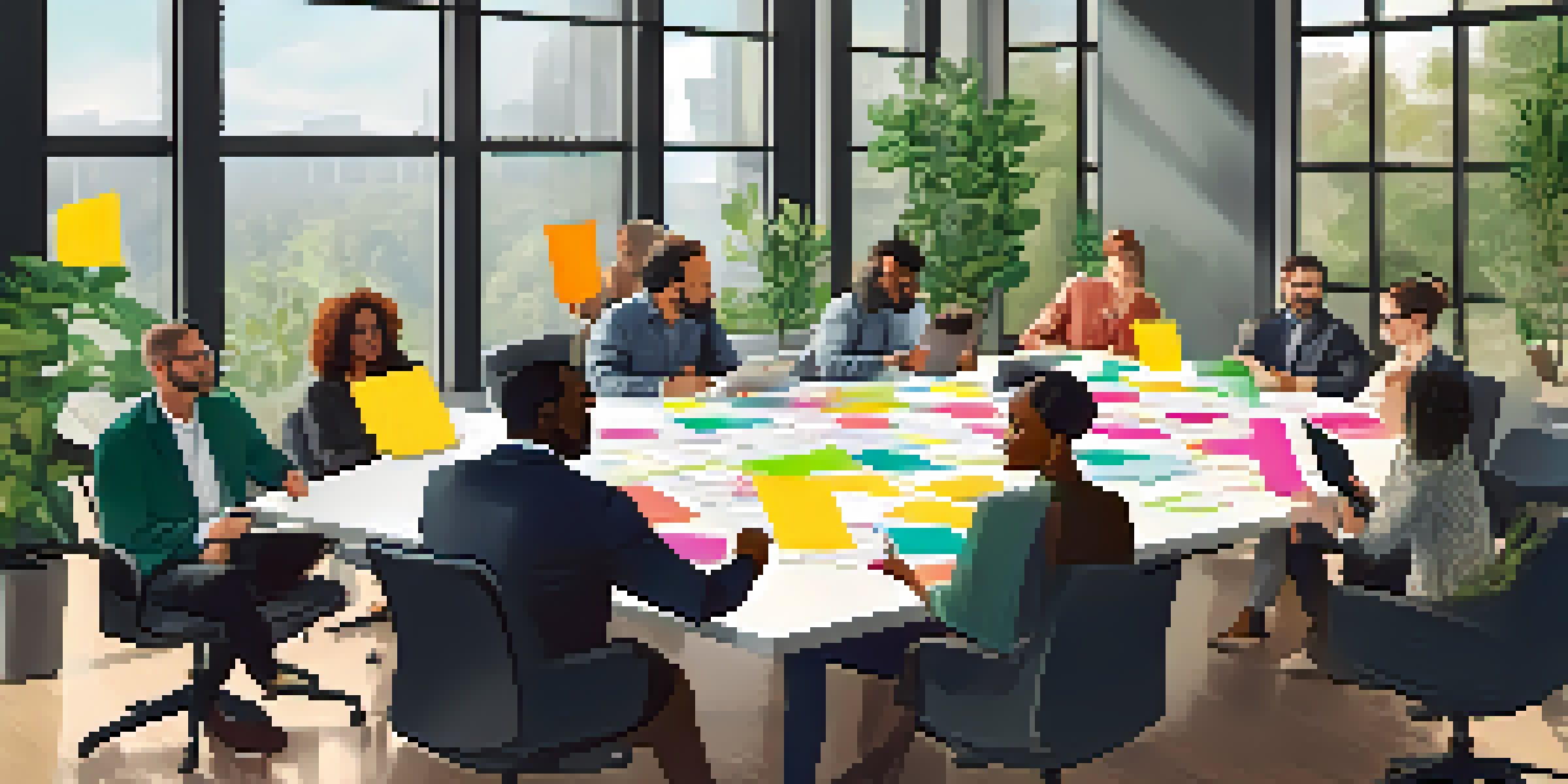 A group of diverse professionals in a bright conference room collaborating on ideas with sticky notes and digital devices.