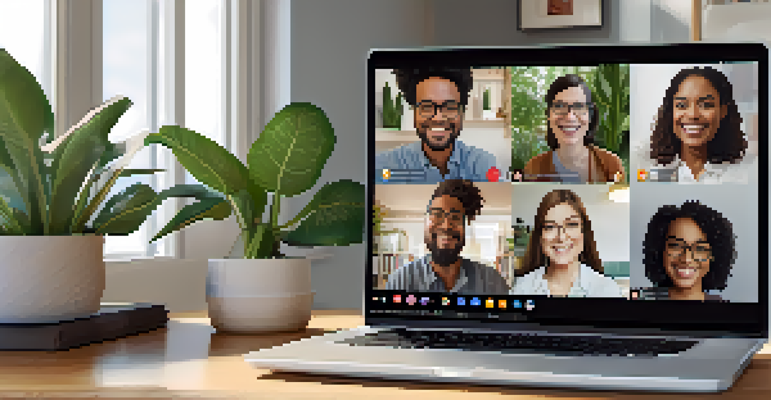 A laptop screen showing a video call with smiling participants, set in a cozy home office environment, representing virtual networking.