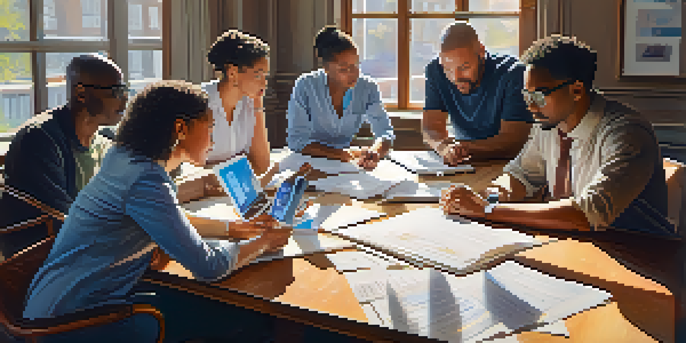 A diverse group of professionals discussing around a table filled with documents and digital devices, illuminated by sunlight from a large window.