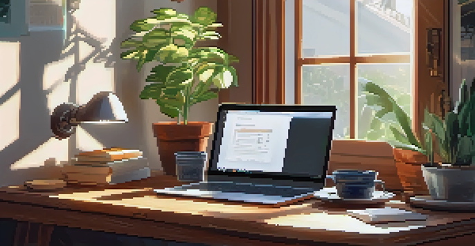 A bright and inviting home office space with a wooden desk, laptop, notebook, and coffee cup, bathed in sunlight from a large window.