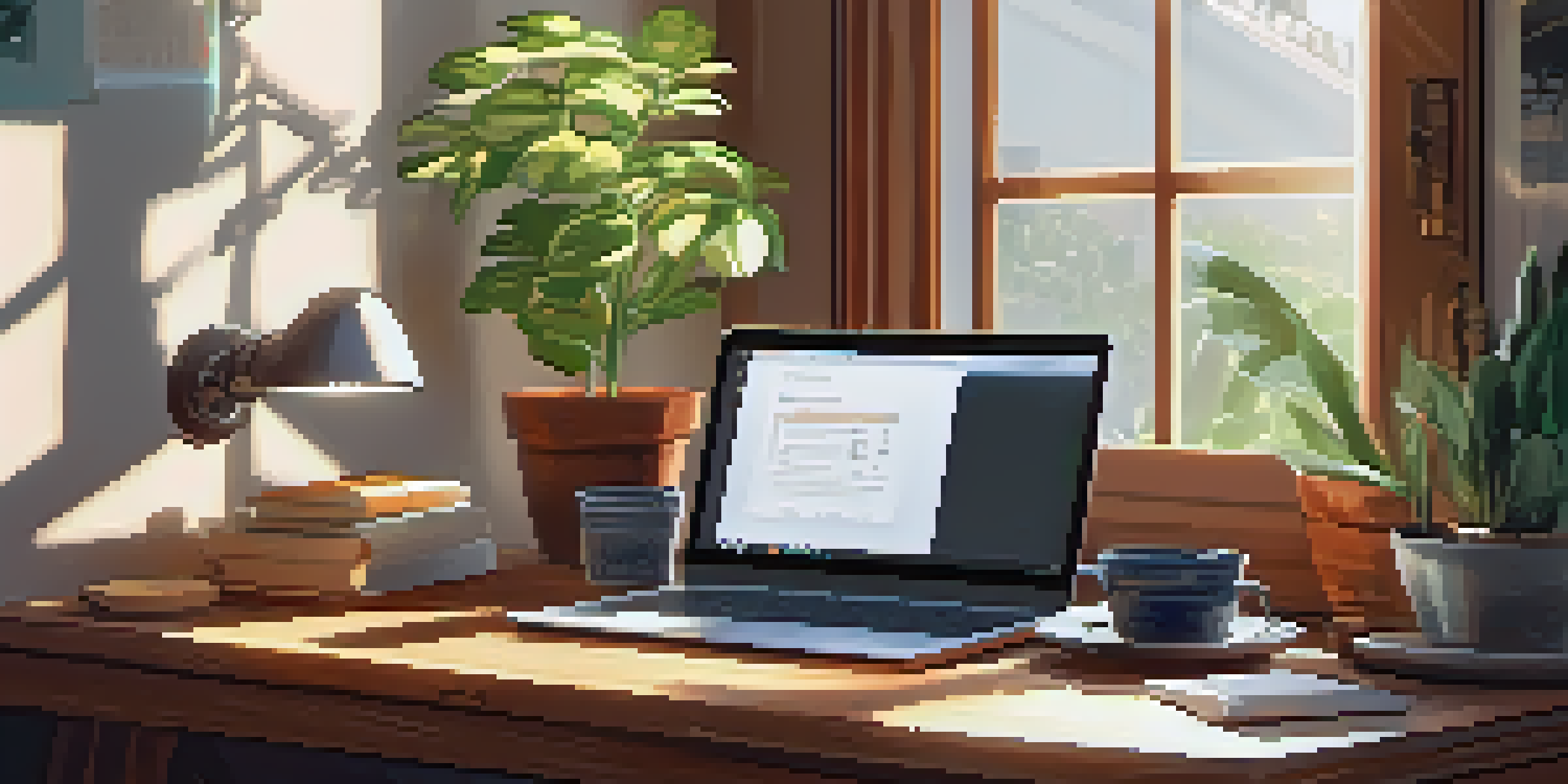 A bright and inviting home office space with a wooden desk, laptop, notebook, and coffee cup, bathed in sunlight from a large window.