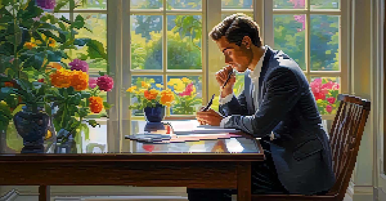 A professional sitting at a desk, reflecting while looking out a window at a garden, with a notepad and pen in hand.