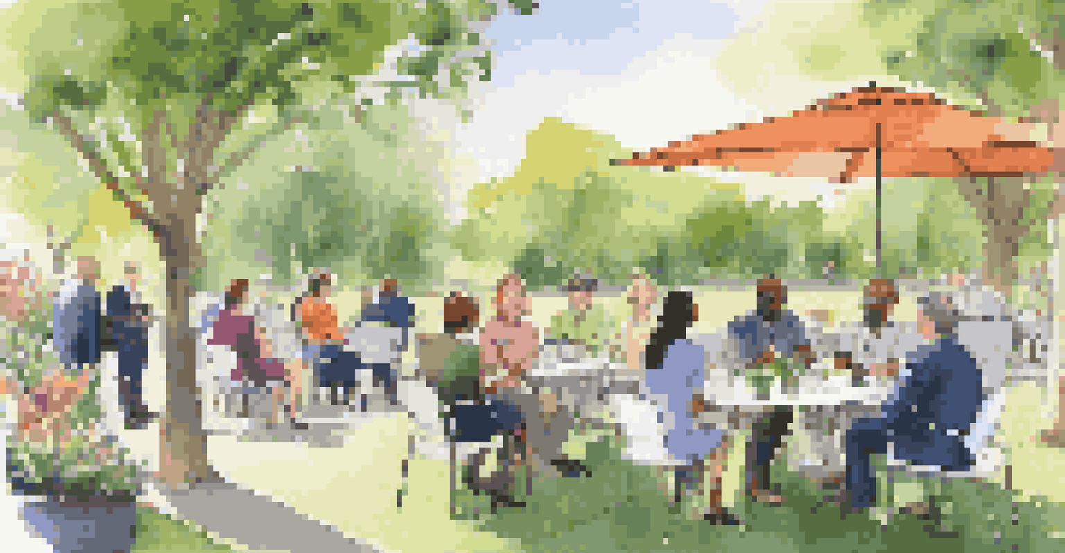 A group of professionals networking in a park, surrounded by greenery and flowers, engaging in lively conversation.