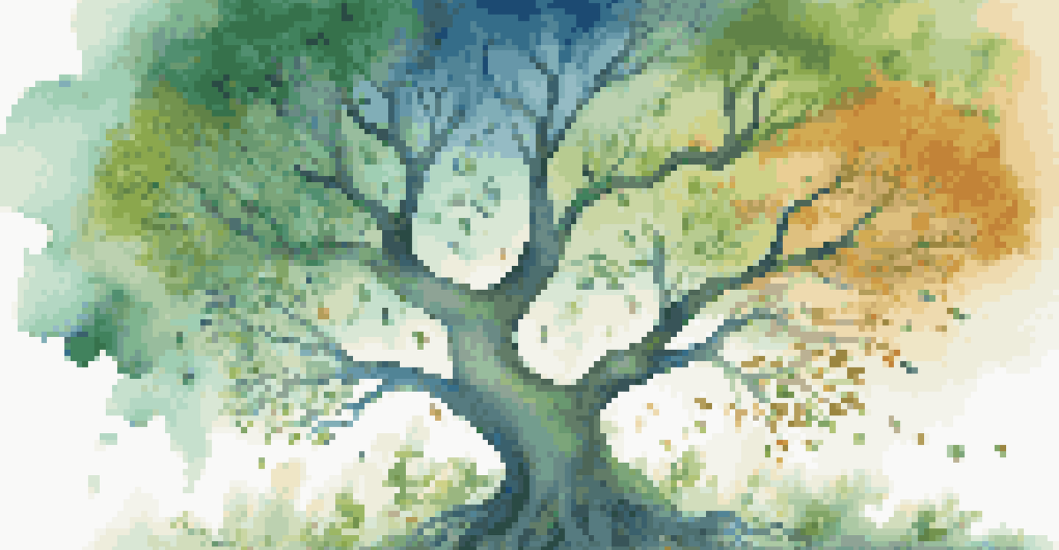 A symbolic tree representing personal growth, with branches labeled with various skills, set against a gradient background.