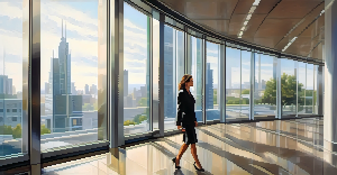 A professional woman in a blazer walking towards a modern office building with glass doors reflecting the city skyline.