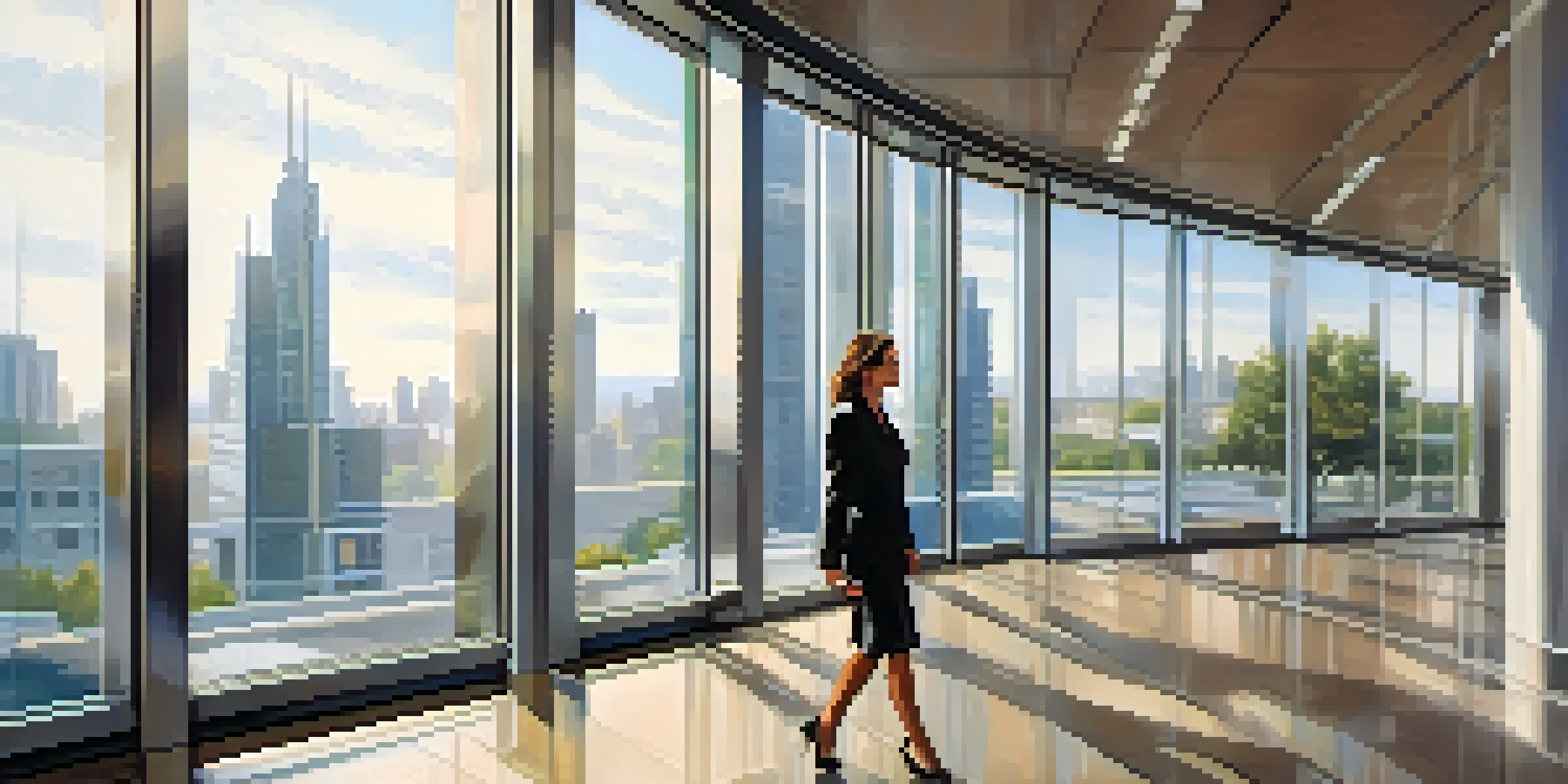 A professional woman in a blazer walking towards a modern office building with glass doors reflecting the city skyline.