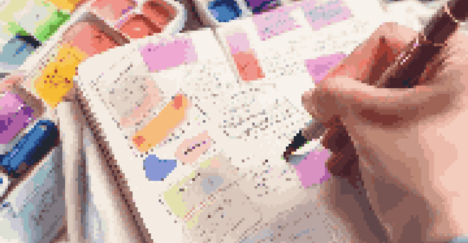 A close-up of a hand writing in a feedback journal with colorful pens and sticky notes in a cozy workspace.