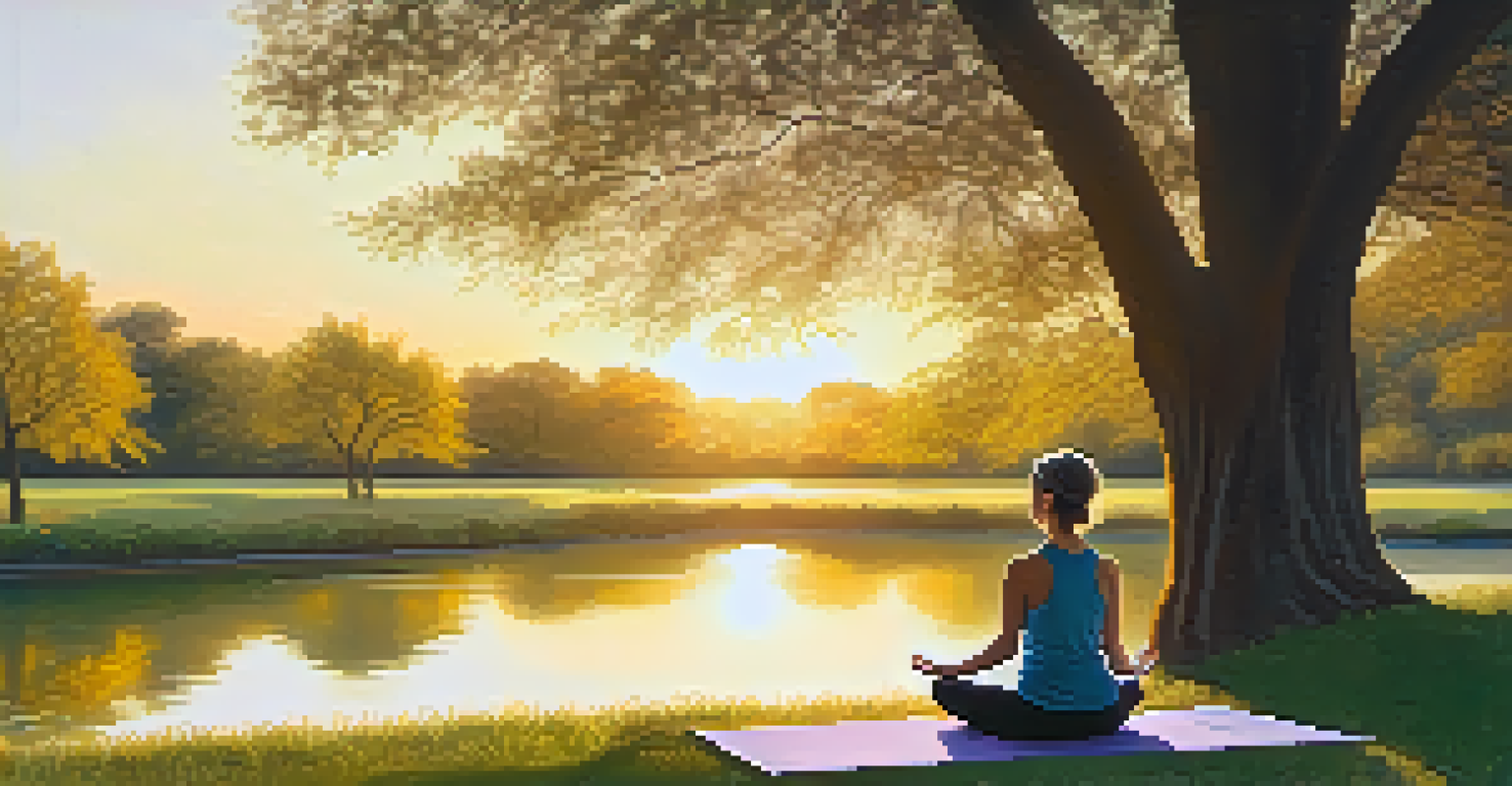 A person meditating on a yoga mat in a peaceful park during sunset, surrounded by nature.