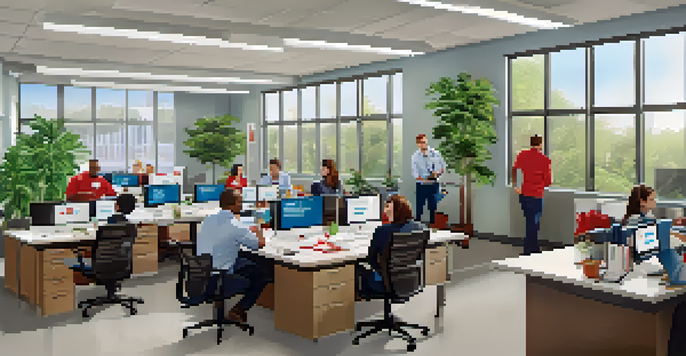 A diverse group of employees in a bright office, engaged in an emergency preparedness training session with a visible emergency plan on the wall.