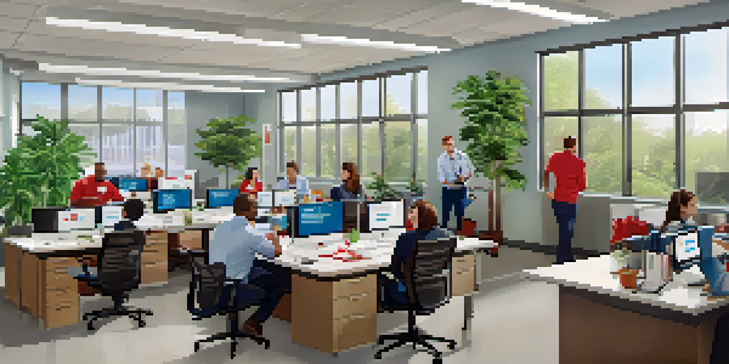A diverse group of employees in a bright office, engaged in an emergency preparedness training session with a visible emergency plan on the wall.