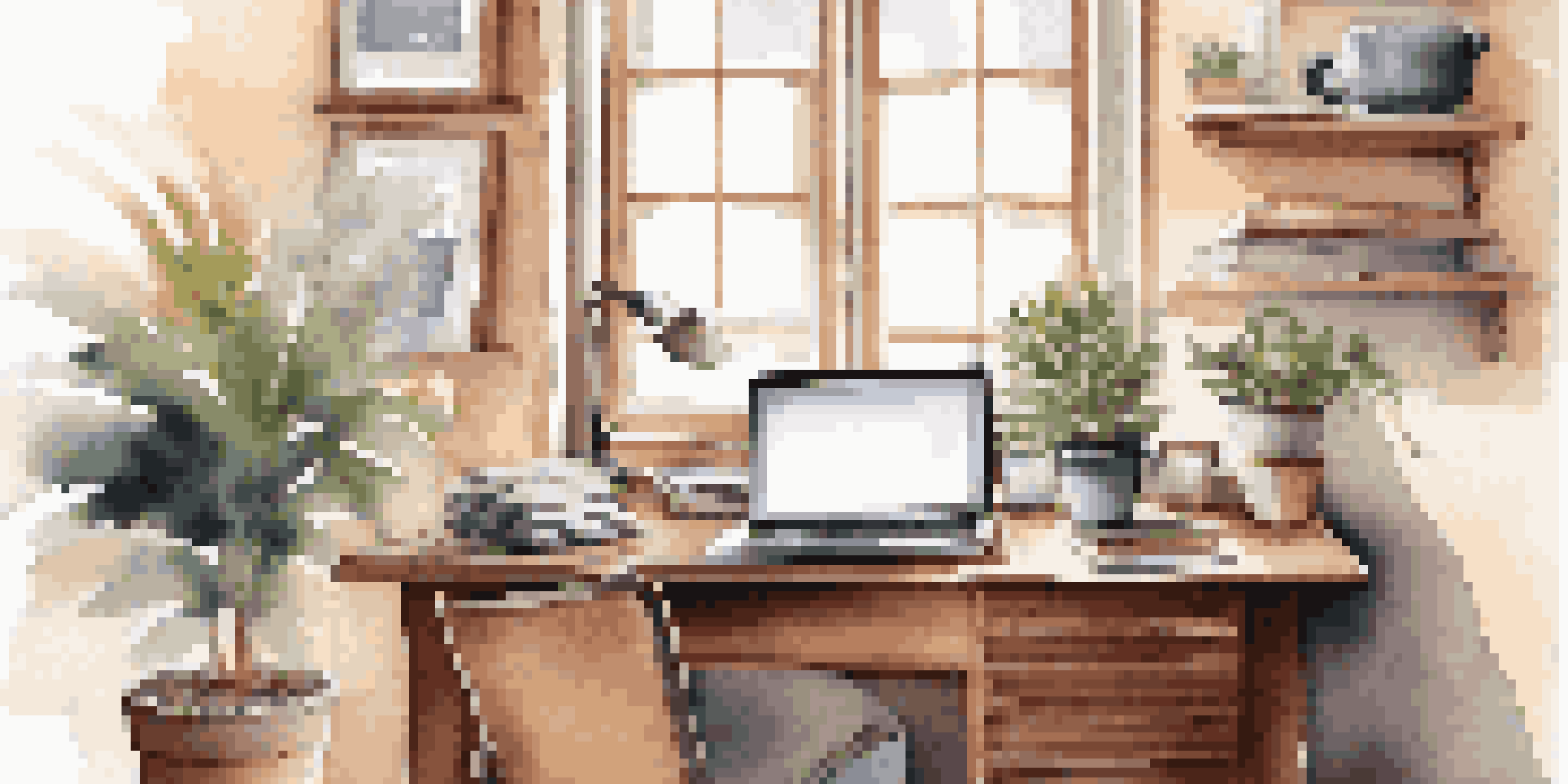 A cozy home office with a wooden desk, laptop, coffee cup, and plant, illuminated by natural light.