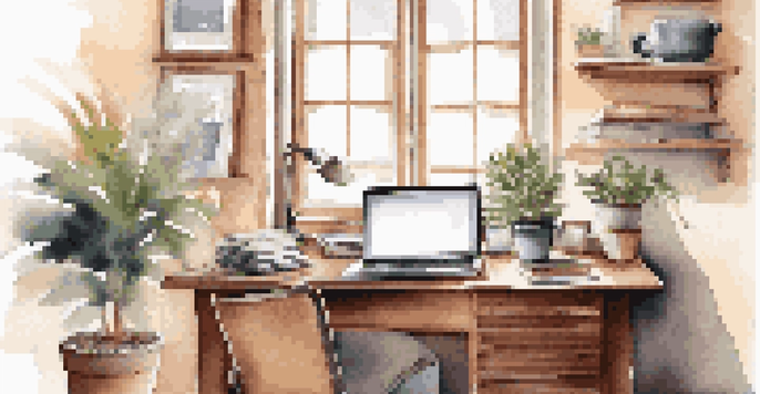 A cozy home office with a wooden desk, laptop, coffee cup, and plant, illuminated by natural light.