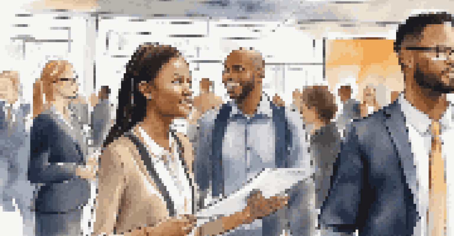 A job seeker confidently presenting their elevator pitch to a recruiter at a career fair, with a resume in hand.