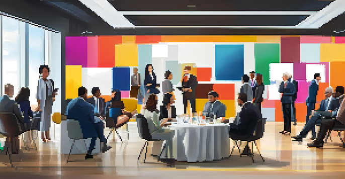 A diverse group of professionals networking in a modern conference hall, exchanging business cards and engaging in conversation.