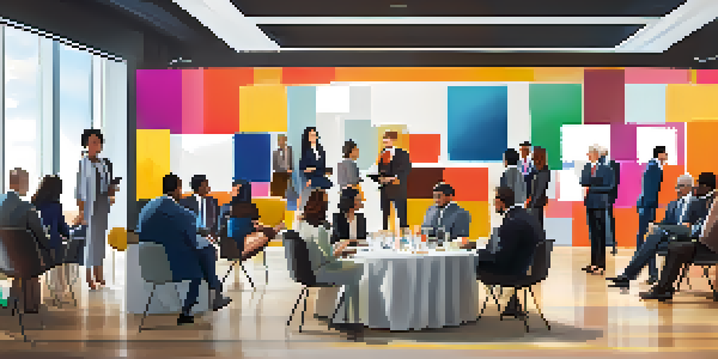 A diverse group of professionals networking in a modern conference hall, exchanging business cards and engaging in conversation.