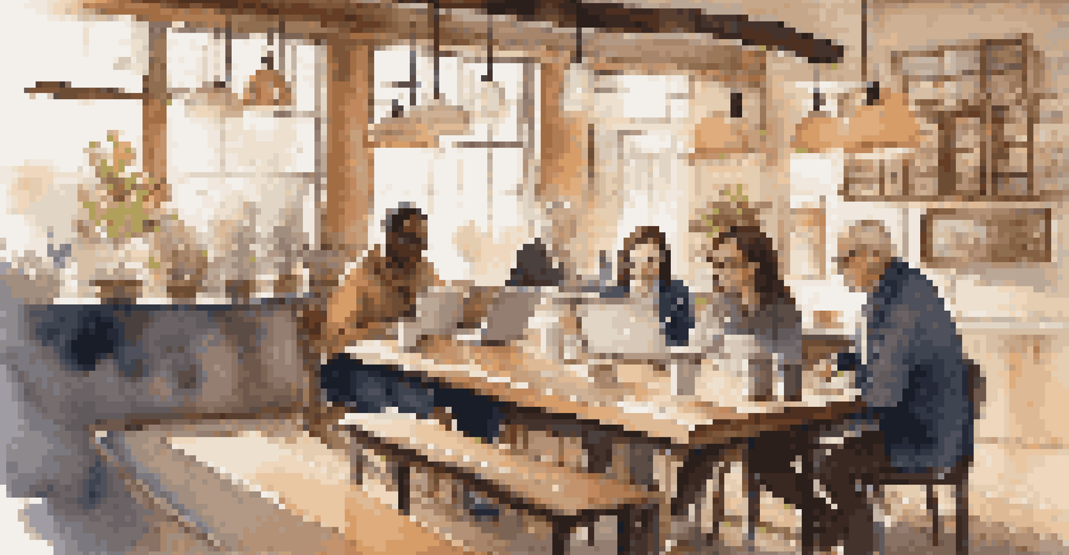 A senior leader mentoring a young professional in a cozy coffee shop filled with notebooks and laptops.