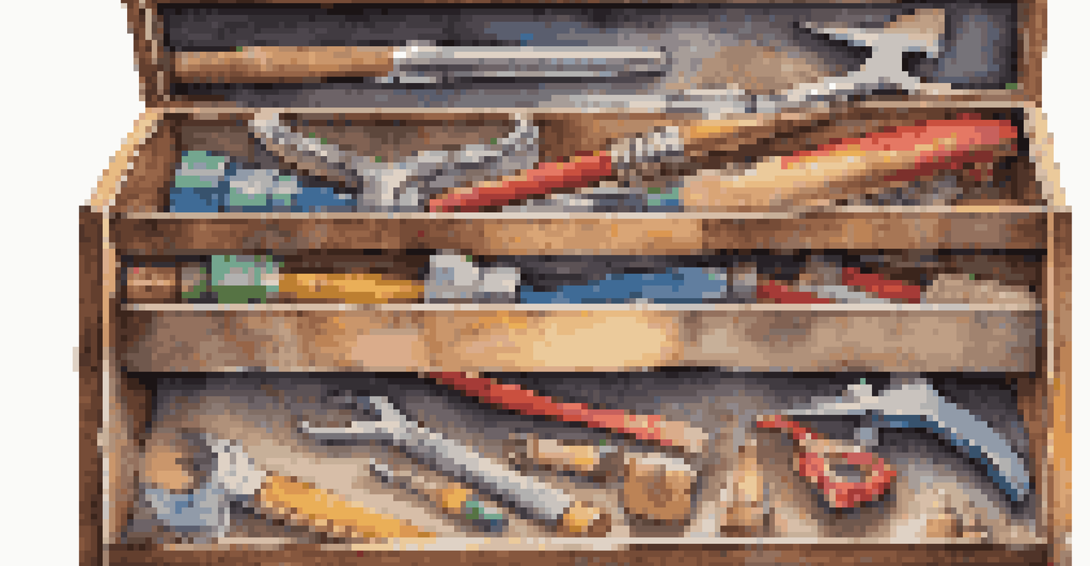 A toolbox with colorful tools labeled with strengths and skills, symbolizing self-assessment for career changes.