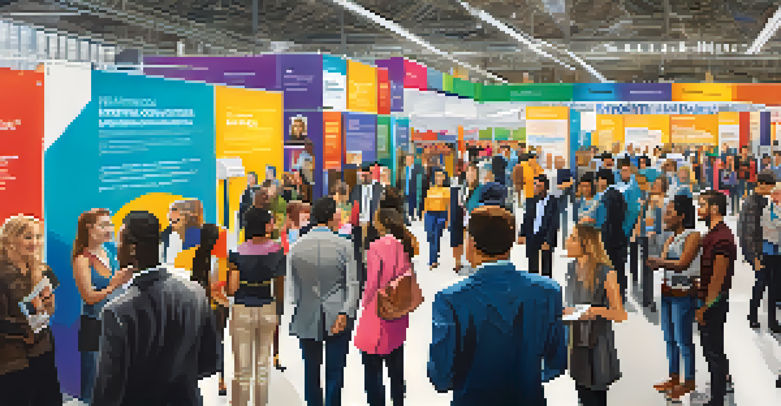 A recruitment fair with diverse job seekers interacting with company representatives at booths promoting inclusivity.