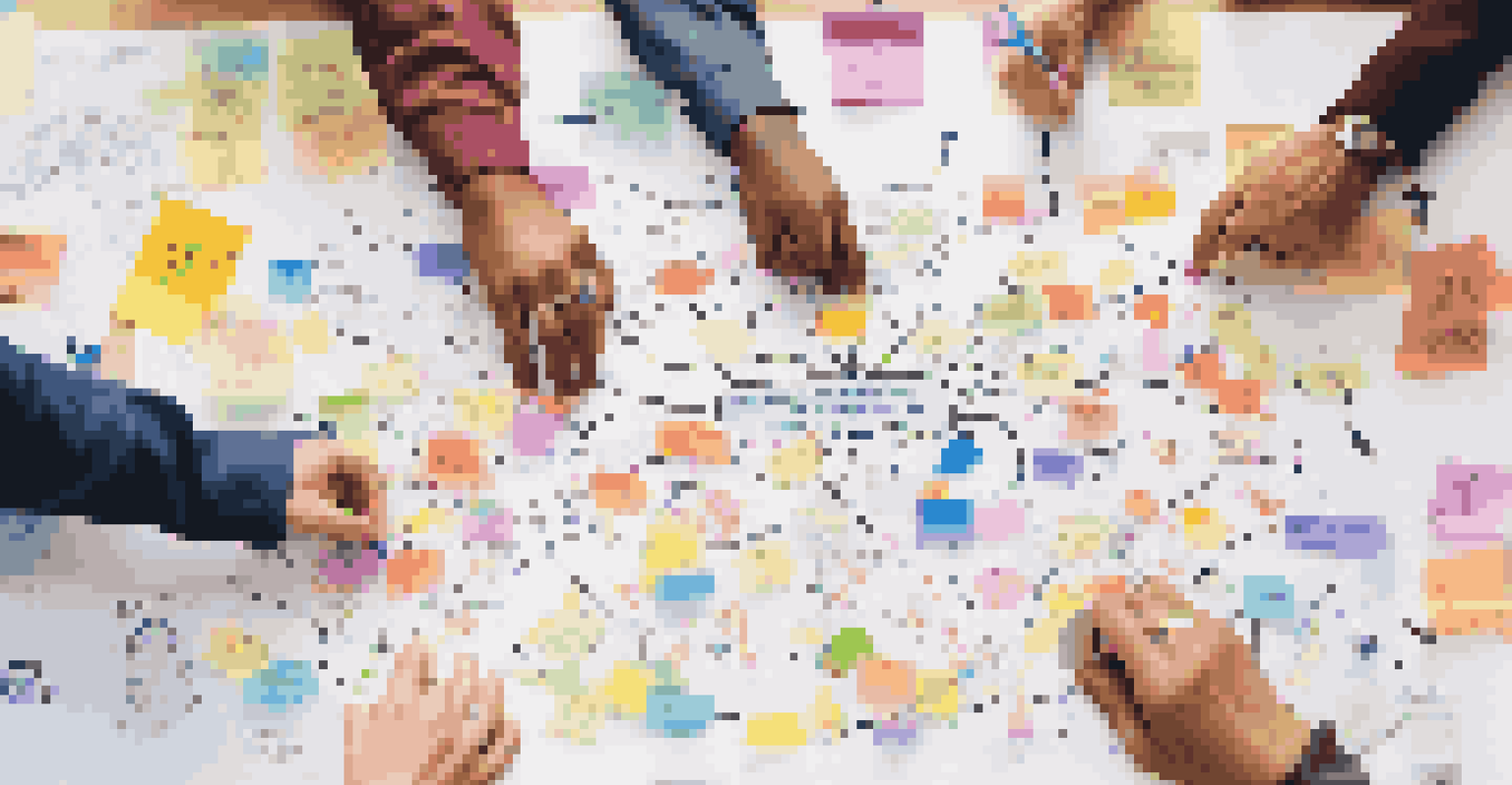 Close-up of hands working on a mind map at a workshop, with colorful sticky notes and markers on a table.