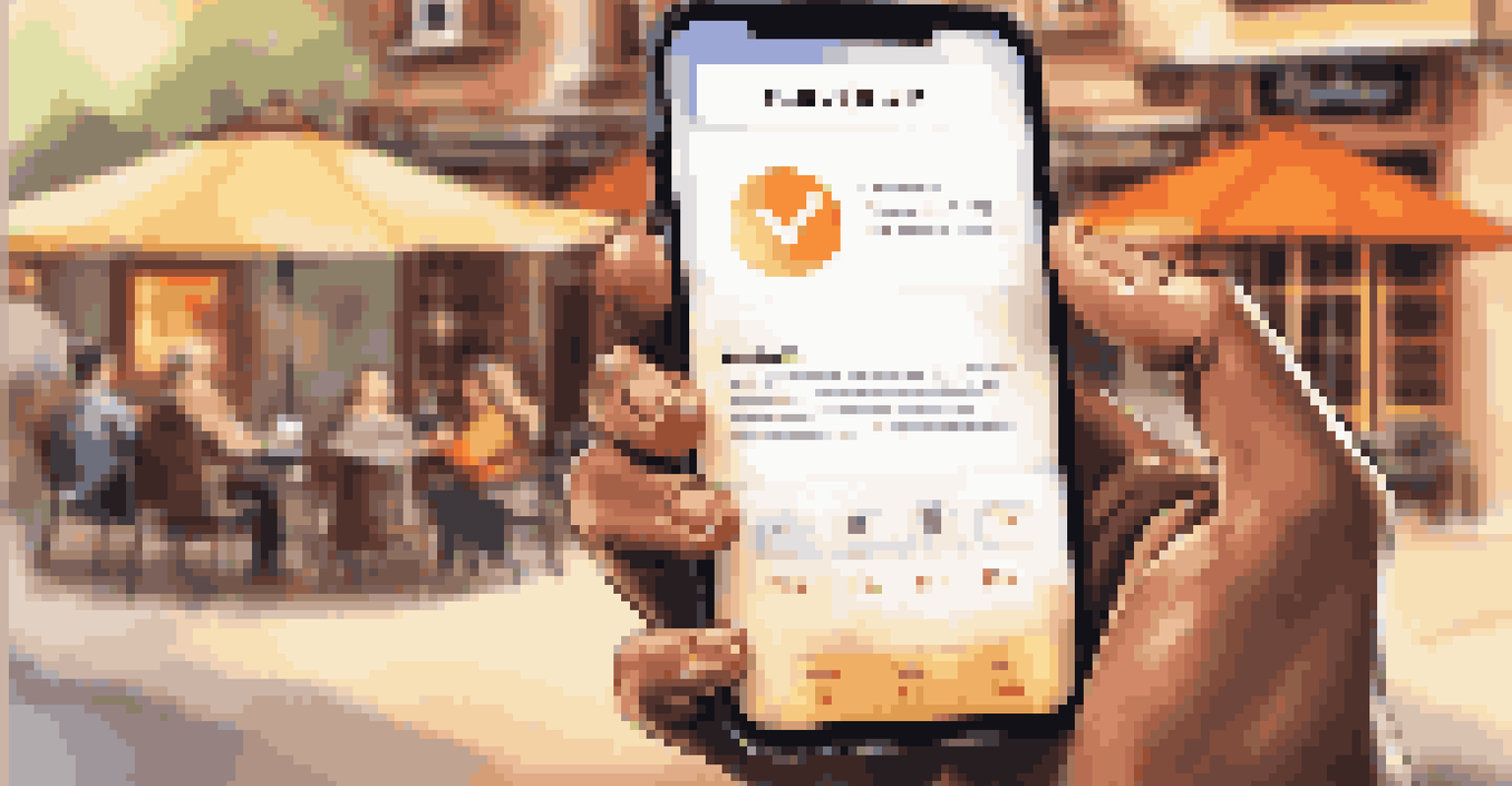 A hand holding a smartphone showing a customer feedback survey against a blurred café backdrop.