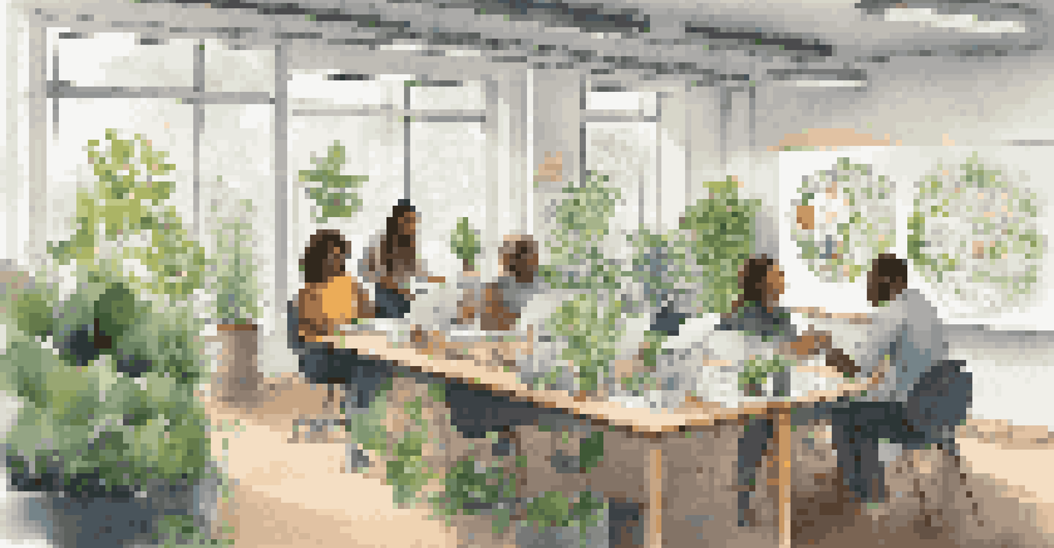 A diverse group of employees in an office engaged in a sustainability workshop, surrounded by plants and recycled materials.