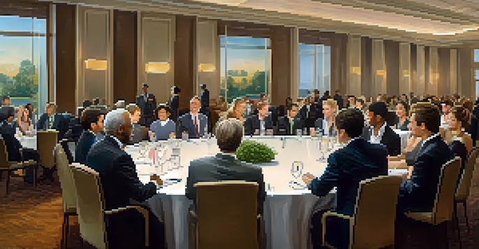 A diverse group of professionals networking in a modern conference room, dressed in business attire and engaging in friendly conversation.