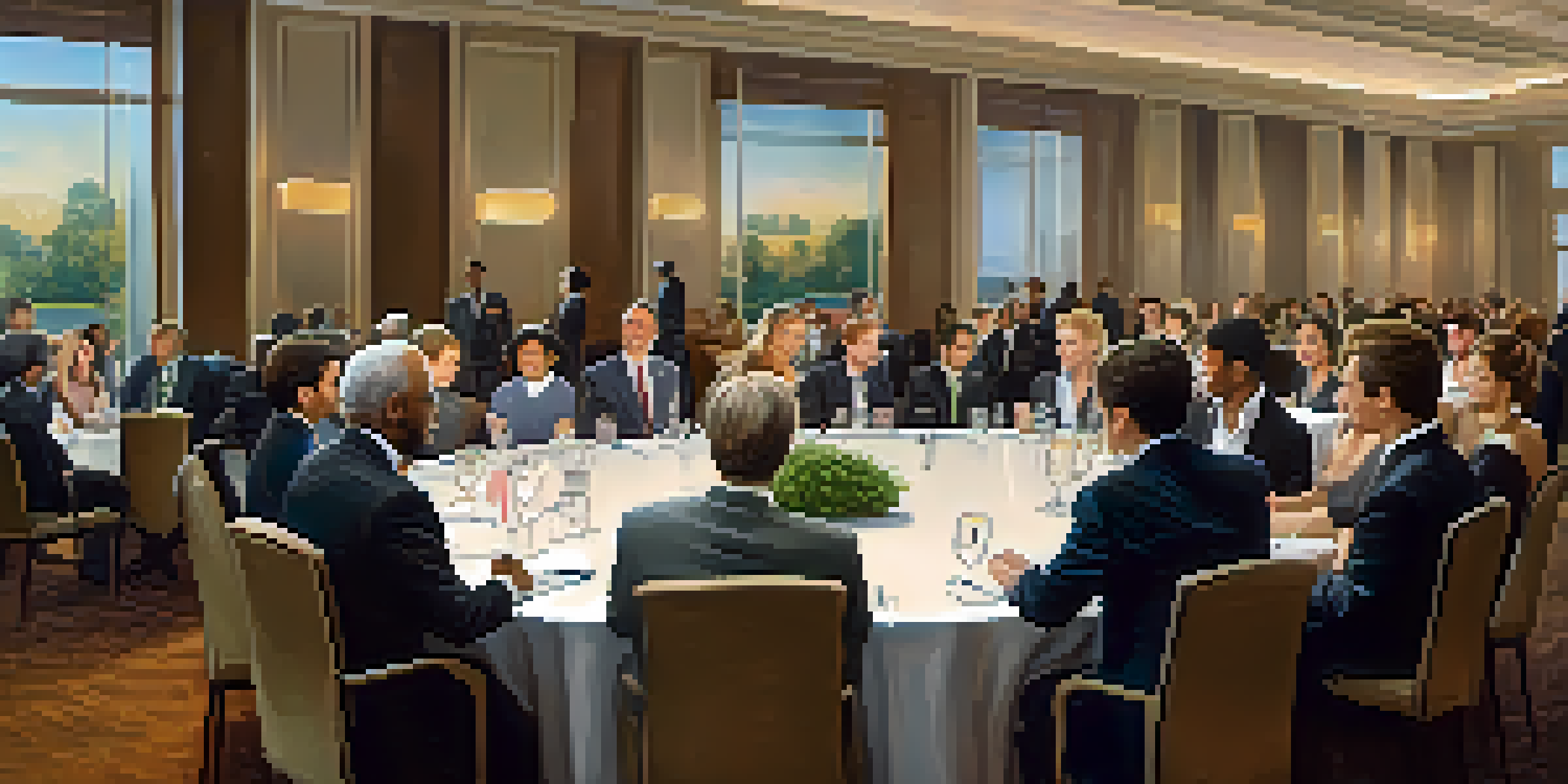 A diverse group of professionals networking in a modern conference room, dressed in business attire and engaging in friendly conversation.