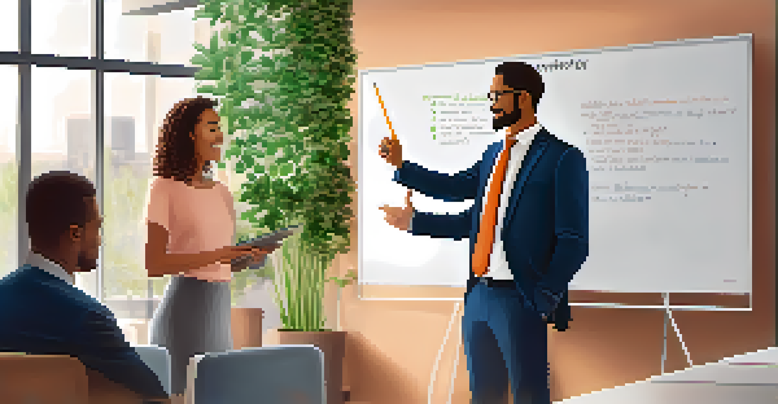 A mentor guiding a new employee on conflict resolution techniques in a friendly office environment.