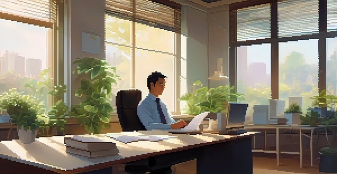 A calm office scene with a middle-aged Asian man practicing mindfulness at his desk, surrounded by plants and natural light.