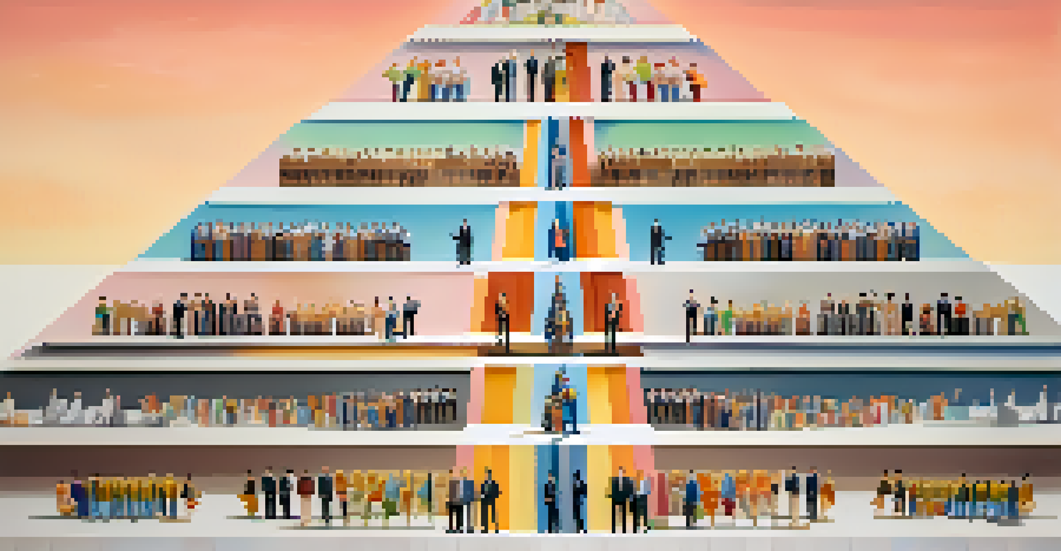 An illustrated pyramid showing a balanced workplace hierarchy with diverse figures at each level.