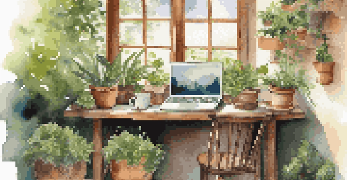 A peaceful outdoor workspace with a wooden desk, laptop, potted plants, and a cup of tea, illuminated by soft sunlight.