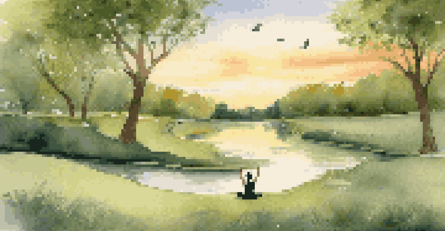 A person practicing mindfulness on a yoga mat in a park, surrounded by greenery and a sunset backdrop.