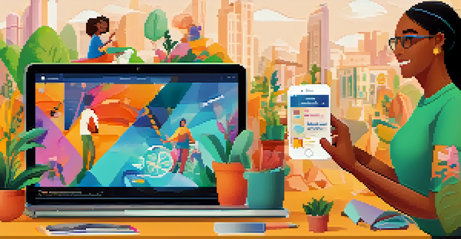 An illustration of a crowdfunding campaign on a digital device with vibrant product images and a progress bar.