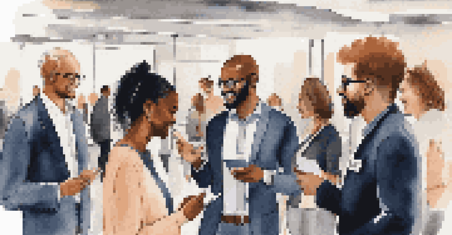 A diverse group of professionals networking and exchanging business cards at an event, symbolizing career transitions.