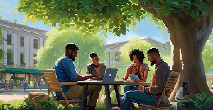 A group of diverse gig workers collaborating in a sunny outdoor environment under a tree, with laptops and sketchpads.