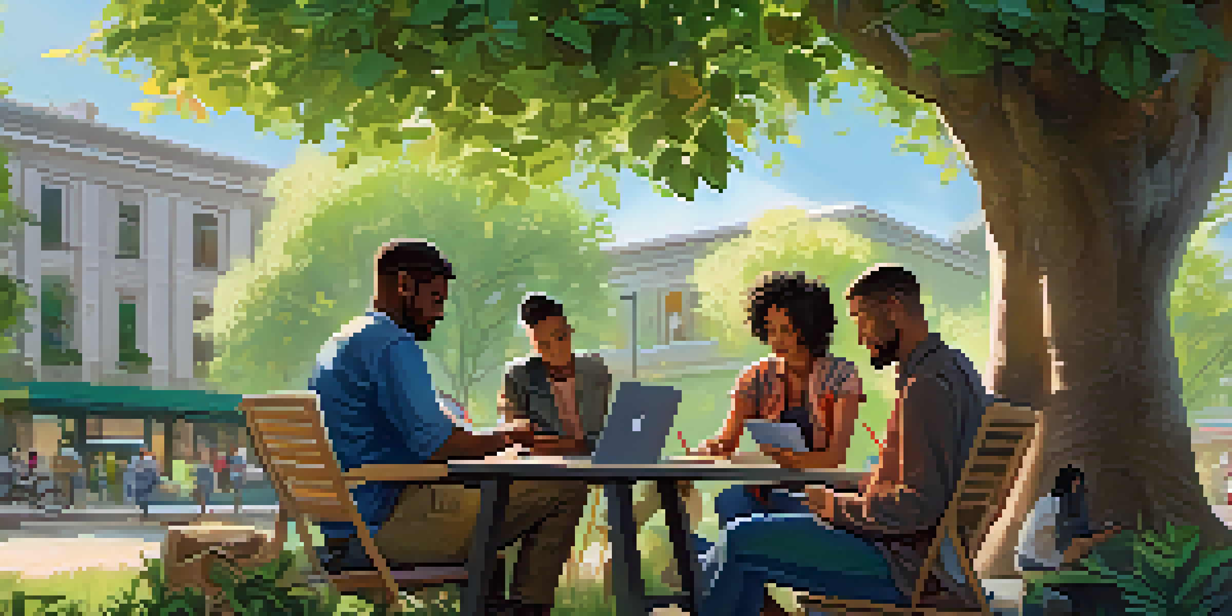 A group of diverse gig workers collaborating in a sunny outdoor environment under a tree, with laptops and sketchpads.