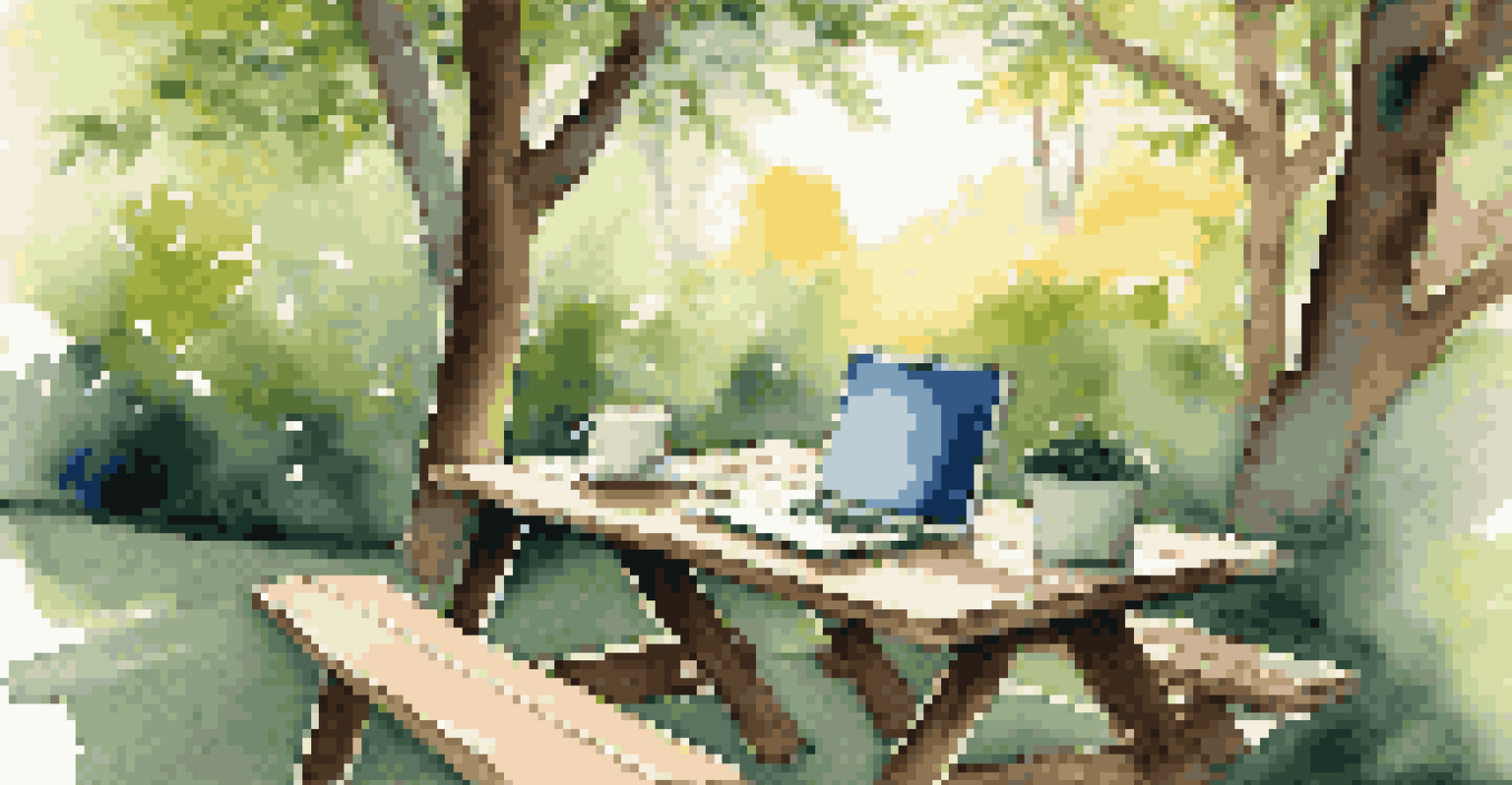 An outdoor workspace with a laptop on a picnic table, surrounded by greenery, and a coffee cup next to it, bathed in sunlight.