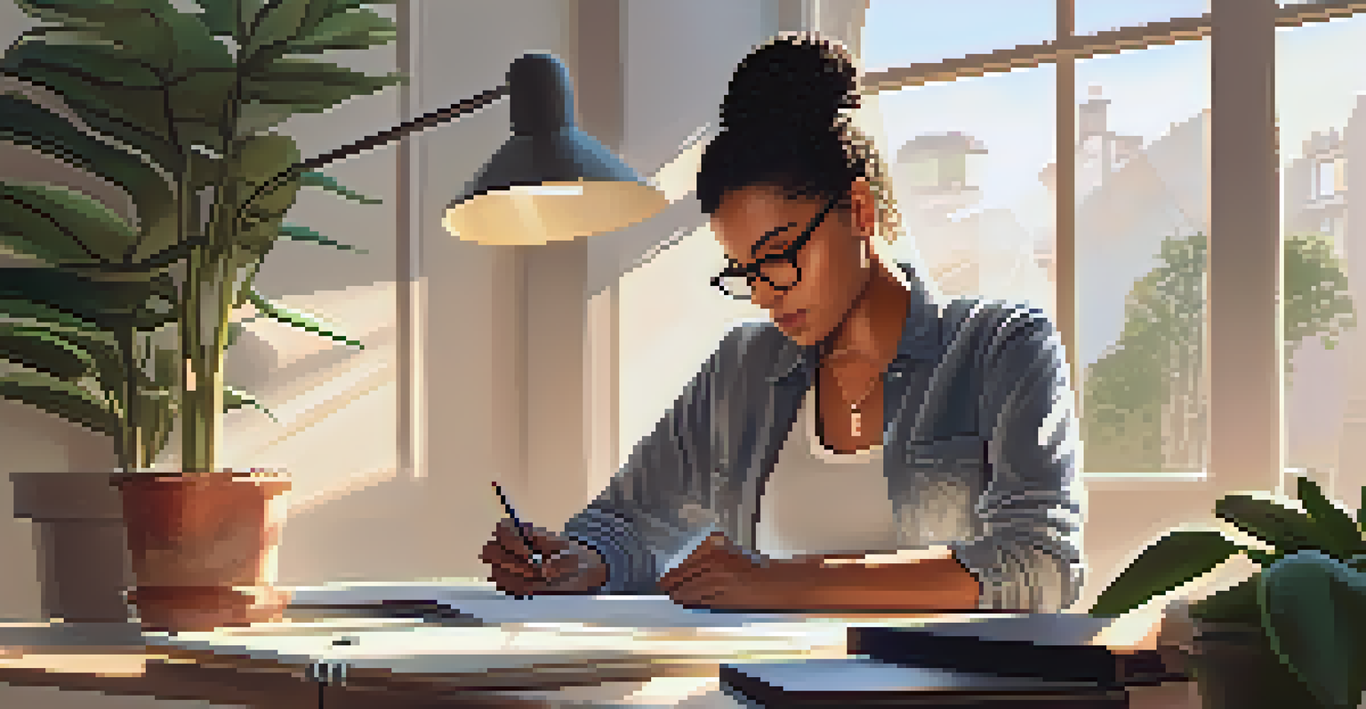 A focused person writing their personal branding statement at a well-organized desk with sunlight streaming through a window.