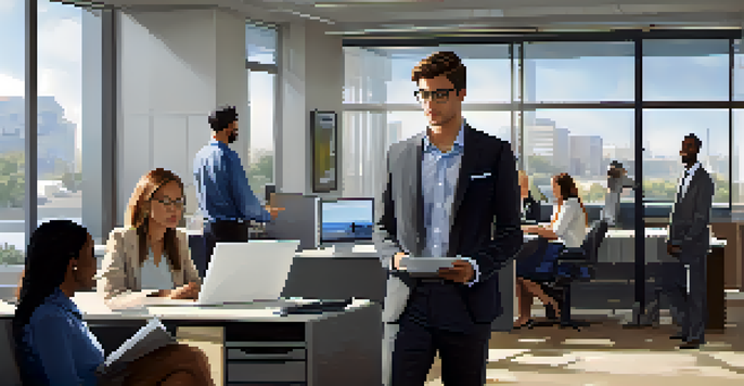 A young intern in a modern office, looking confident while holding a laptop, surrounded by colleagues working together.