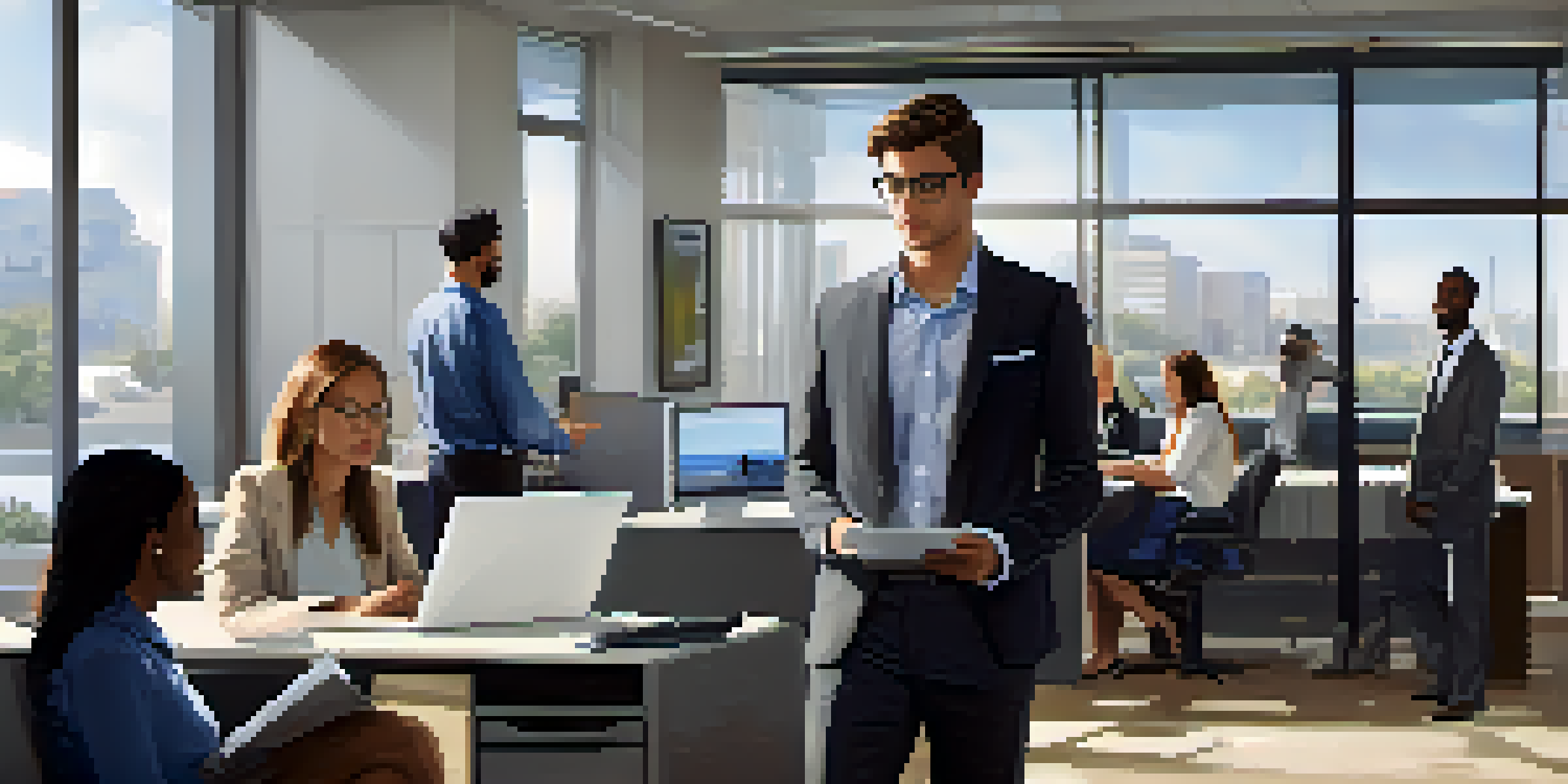 A young intern in a modern office, looking confident while holding a laptop, surrounded by colleagues working together.