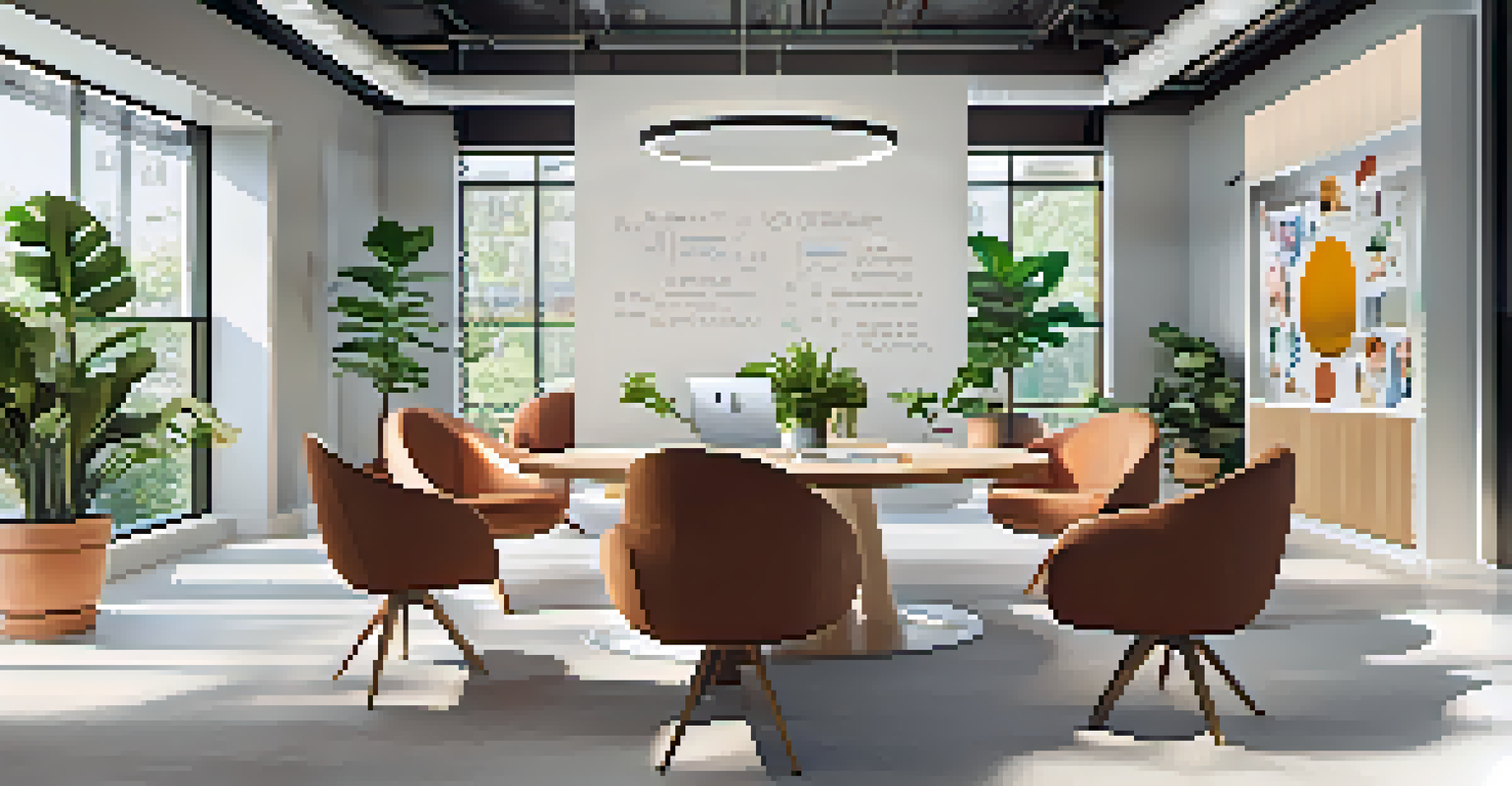 An inviting workspace with a round table, plants, and a whiteboard filled with ideas, illuminated by natural light.