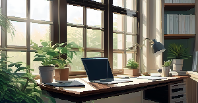 A tidy office desk with a laptop, resumes, and a plant, illuminated by natural light.