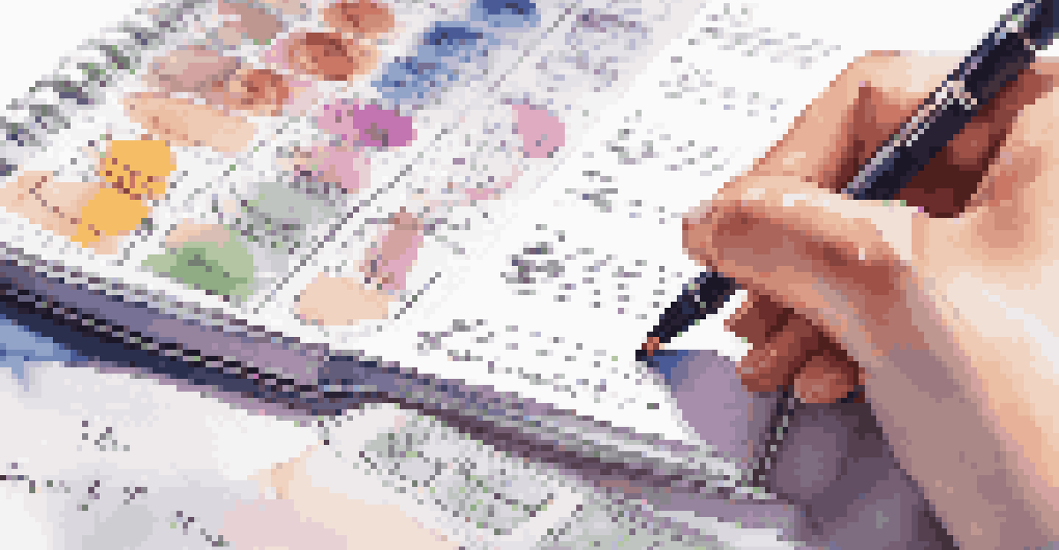 A close-up of a hand writing financial goals in a planner, with a calculator and documents in the background.