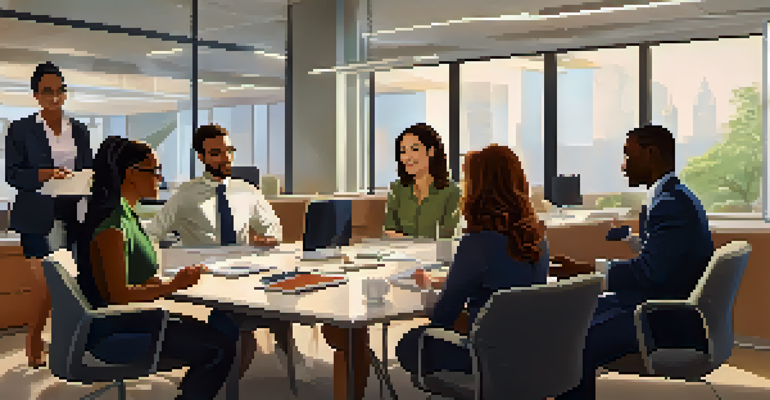 A group of colleagues in an office discussing burnout, demonstrating support and understanding.