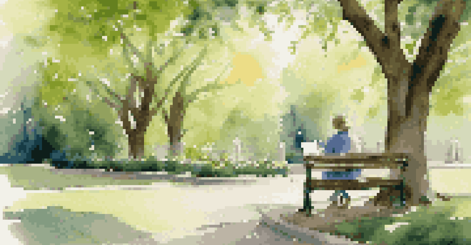 A person sitting on a park bench with a planner and tea, surrounded by trees and flowers in a sunny setting.