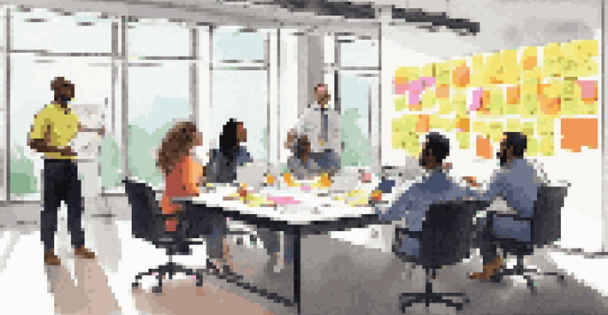 A diverse team of professionals collaborating in a bright conference room, sharing ideas and using colorful sticky notes.