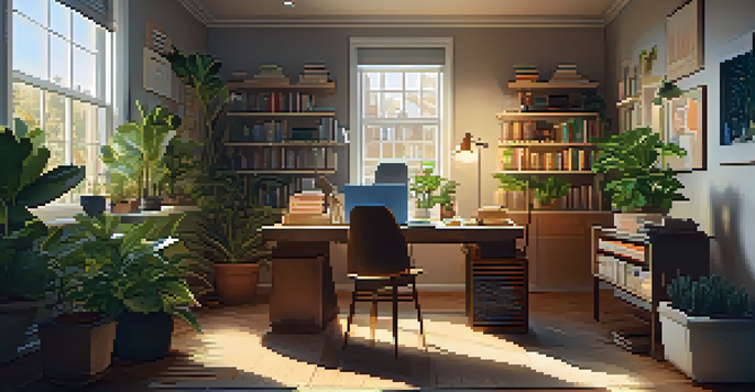 A person working in a warm and inviting home office filled with plants and books, with sunlight streaming through the window.